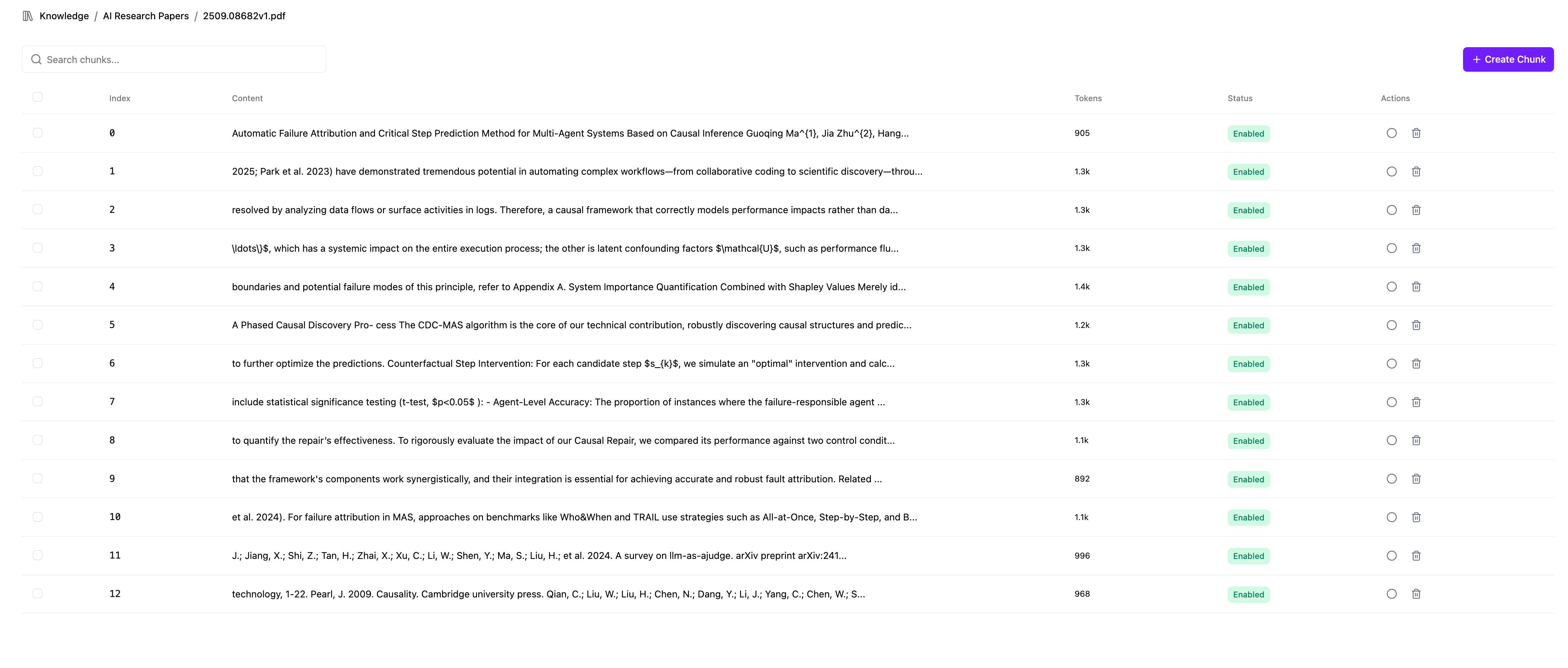 Document chunks view showing processed content
